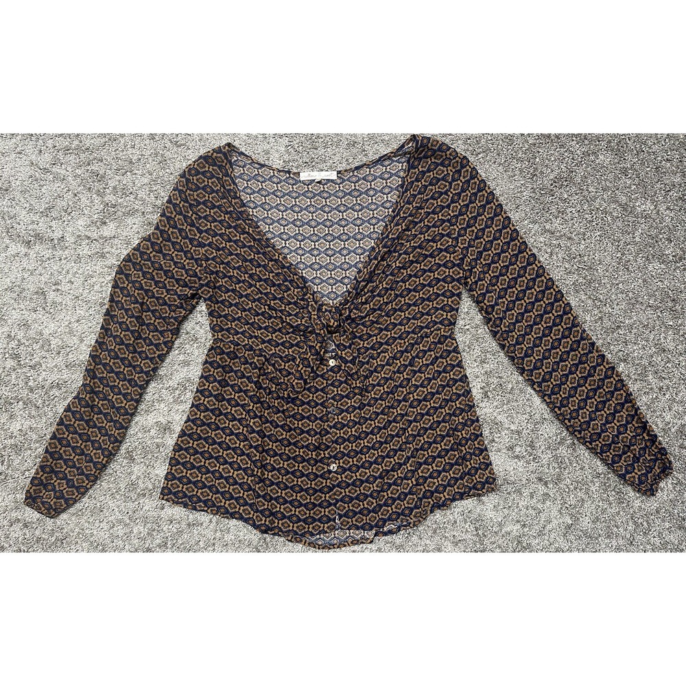Willow + Root Blouse Womens M Brown Orange Blue Smocked Long Sleeve Boho Top